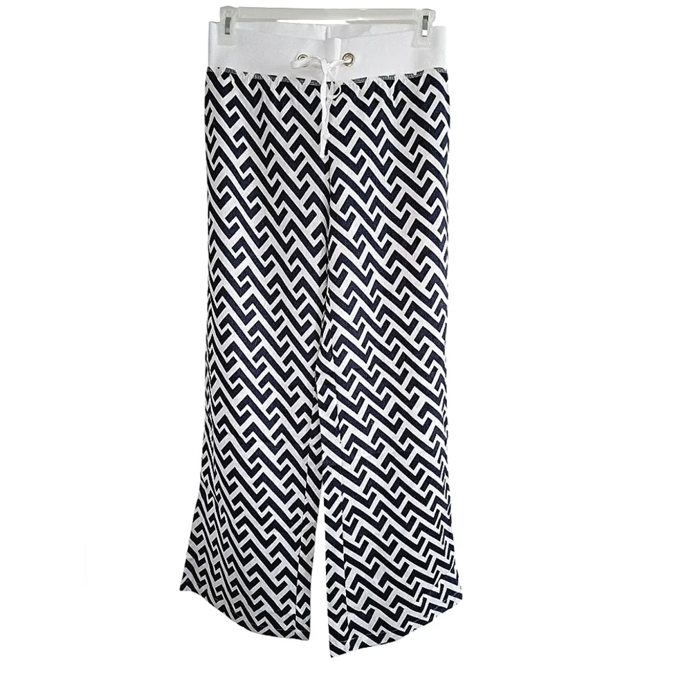 Women's Blue & White Linen Beach Pants Wide-leg Tie Waist Sizes S,M,L - Picture 2 of 7